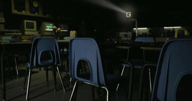 CGI Classroom setting with blue chairs and projector illuminating space video