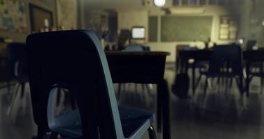 CGI Classroom setting with vacant chair and desk highlighting learning environment video