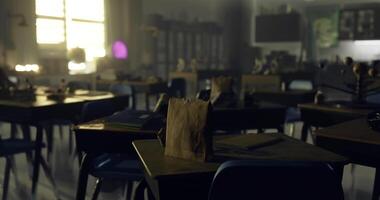 CGI Deserted classroom with empty desks and personal belongings scattered around video