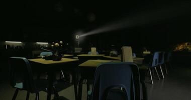 CGI Dark classroom with desks and projector illuminating empty space at night video