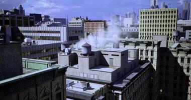 CGI City rooftops with industrial architecture and smoke rising in urban setting video