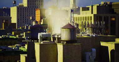 CGI Steam rising from rooftops in an urban setting during golden hour video