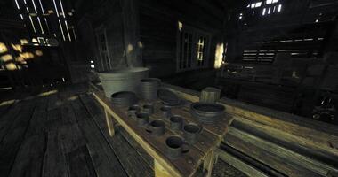 CGI Rustic kitchen displaying traditional cookware in a secluded wooden cabin video