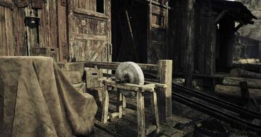 CGI Historical wooden tool near an old shed in a rustic setting video