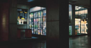 CGI Convenient store interior with snacks and drinks displayed in evening light video