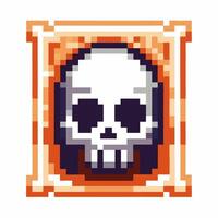 Pixel art skull icon retro 8 bit human skull symbol in orange square frame, game life lost, spooky element vector