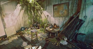 CGI Abandoned room overtaken by nature with sunlight streaming in video