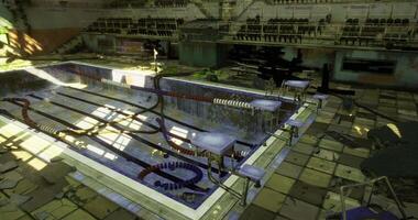 CGI Abandoned indoor pool with overgrown surroundings and decay video