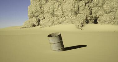 CGI Desert scene with a lone barrel surrounded by sand and rock formations video