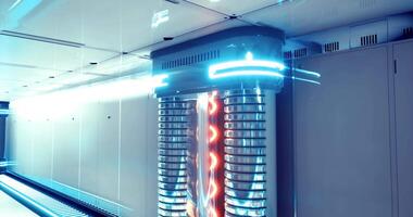 CGI Futuristic technology cabinet illuminated by blue light in a modern setting video