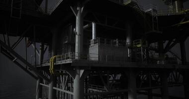 CGI Oil rig structure illuminated at night over dark water in remote location video