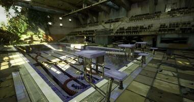 CGI Abandoned indoor swimming pool with sunlight and overgrown vegetation video