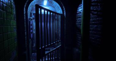 CGI Mysterious dimly lit passageway with an open barred door at night video
