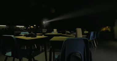 CGI Dimly lit classroom with projection equipment during an evening event video