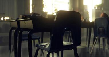 CGI Empty classroom with chairs and tables during golden hour light video