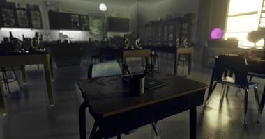 CGI Desks in a dimly lit classroom with educational supplies on a table video