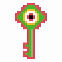 Retro pixel art green key with red, yellow, and white ornamental eye design digital gaming symbol, vintage arcade theme vector