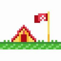 Retro pixel tent with flag on grassy field adventure camping icon, outdoor recreation, vintage game vector