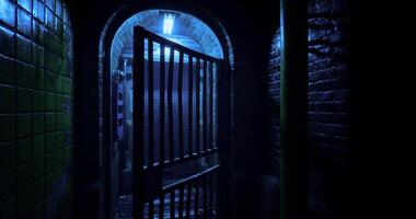 CGI Mysterious corridor with a barred door and blue light in a dimly lit location video