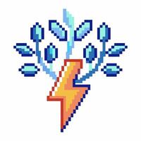 Pixel art lightning bolt with blue leaves branches, energy and nature fusion, eco friendly sustainable power symbol vector