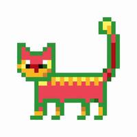Retro pixel art cat icon colorful digital game animal character, green and red, isolated on white background vector