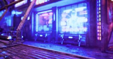 CGI Neon lights illuminate urban alleyway at night in vibrant electronic setting video