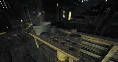 CGI Rustic crafts displayed on a wooden table inside a dimly lit workshop video