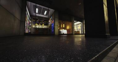 CGI Urban view showcasing illuminated storefronts at night in bustling city video