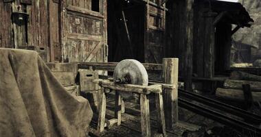 CGI Wooden structure with a round object in a rustic setting during the day video