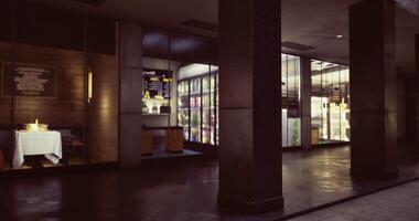 CGI Modern dining area in a city with glass walls and indoor plants video