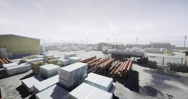 CGI Construction site with stacks of materials under a hazy sky video