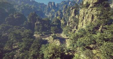 CGI Lush green valley surrounded by towering cliffs in bright daylight video