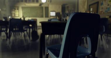 CGI Classroom interior with empty chairs and a desk during quiet study hours video
