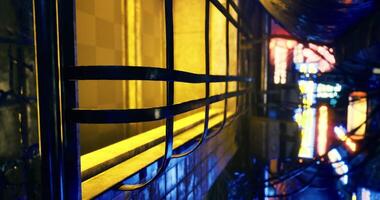 CGI Neon lights illuminate a narrow alley in a bustling urban nightlife district video