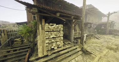 CGI Wooden structure with stacked planks in a deserted village during foggy morning video