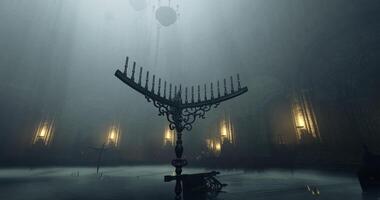 CGI Mysterious interior of a dimly lit hall with a unique candelabrum at dusk video