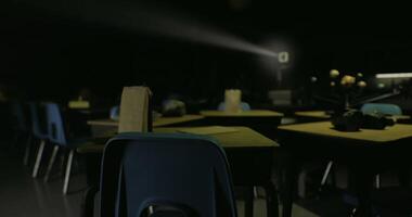 CGI Dark classroom with chairs and tables for a film projection event video