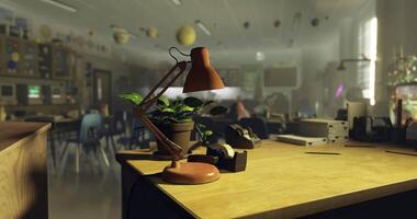 CGI Classroom workspace featuring a desk lamp and plants in a school setting video