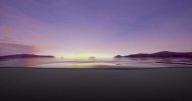 CGI Vibrant sunset colors reflect on calm water at tranquil coastal location video