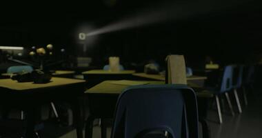 CGI Empty classroom with desks and projection equipment during evening hours video