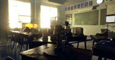 CGI Classroom with educational models and sunlight streaming through windows video