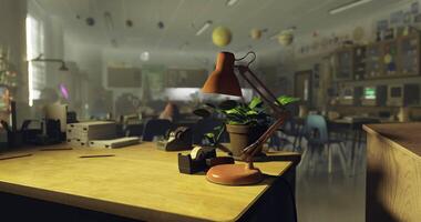 CGI Classroom workspace with desk lamp and plant in a creative learning environment video