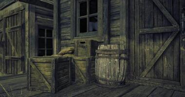 CGI Old wooden crates and barrel by rustic building in deserted setting video