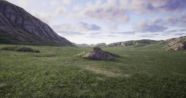 CGI Dramatic landscape with rolling hills and grassy plain under a cloudy sky video