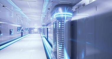 CGI Futuristic hallway with glowing elements in a modern technology facility video
