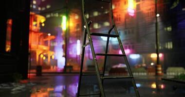 CGI Urban nighttime setting with vibrant lights and a lone ladder video