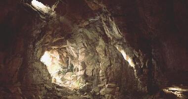 CGI Exploring a hidden cave illuminated by natural light in a remote location video