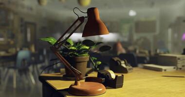 CGI Desk lamp illuminates workspace in a classroom with plant and tape dispenser video