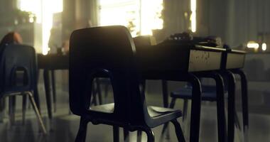 CGI Quiet classroom with empty black chairs in warm afternoon light video