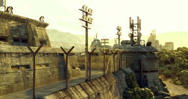 CGI Abandoned fortress with a communication tower at dusk in a remote landscape video